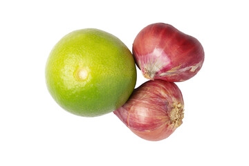 Fresh Raw Red Onions and Lime in whole, famous ingredients of Thai food.