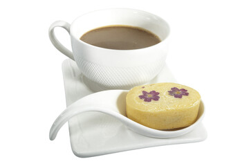 Flora pineapple cake, a unique style of sweet traditional Taiwanese pastry, is served with hot coffee on white stylish spoon. 