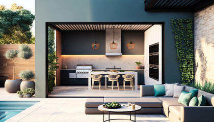 A stylish, open-air barbecue area with a chic pool, comfortable lounging area, and designer outdoor furniture, exuding effortless luxury and sophistication - Generative AI - obrazy, fototapety, plakaty