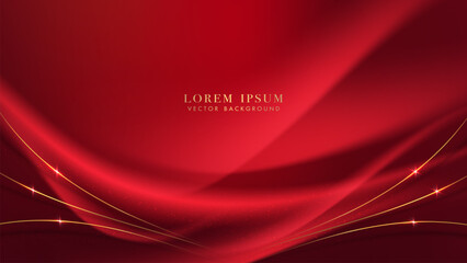 Red luxury background with golden curve line, light wave, shiny dots, and glitter light effect decoration. Elegant style vector design