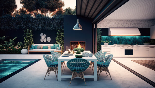 A stylish, open-air barbecue area with a chic pool, comfortable lounging area, and designer outdoor furniture, exuding effortless luxury and sophistication - Generative AI