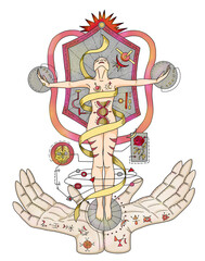 Mystic styled illustration with occult, esoteric and gothic symbols isolated on white, Halloween concept