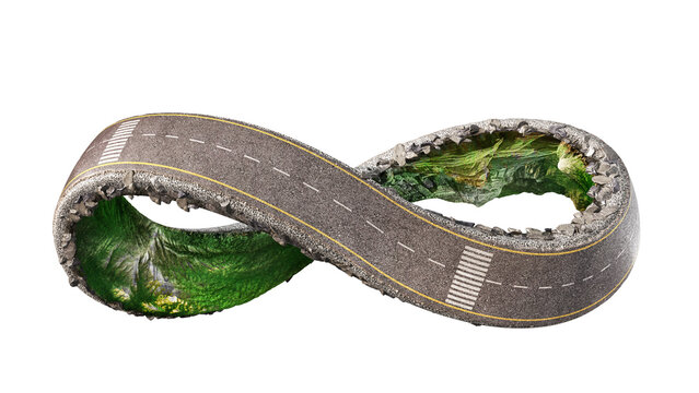 Road repair concept. Road in form of infinity sign with different road conditions on a white background. 3d illustration