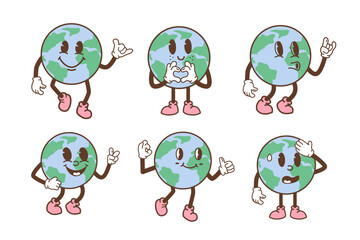 Obraz premium Set of earth characters in trendy retro cartoon style. Funny comic globe with different face expression. Vintage planet mascot with arms and legs. Vector illustration isolated on white background.