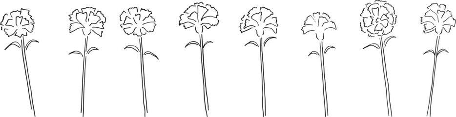 カーネーションの線画ベクターイラスト。手書きの春の花。母の日のイラスト。Line drawing vector illustration of carnation. Hand drawn spring flowers. Illustration for mother's day.