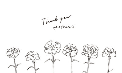カーネーションの線画ベクターイラスト。手書きの春の花。母の日のイラスト。Line drawing vector illustration of carnation. Hand drawn spring flowers. Illustration for mother's day.