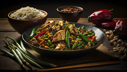 Spicy and Flavorful Kung Pao Chicken with Sichuan Green Beans and Egg Fried Rice, AI Generated