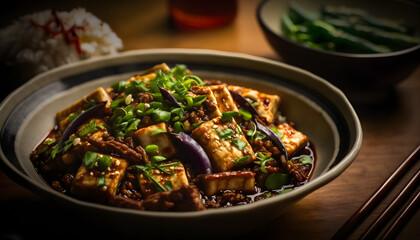 Hearty and Spicy Mapo Tofu with Braised Eggplant and Scallion Pancakes, AI Generated
