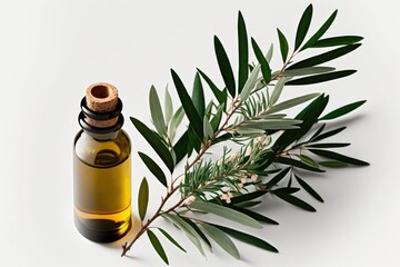 On a white background, a fresh tea tree branch and essential oil. Oil of tea tree (Melaleuca alternifolia). Generative AI - obrazy, fototapety, plakaty