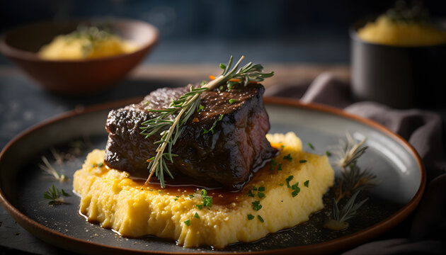 Slow-Braised Short Ribs with Creamy Parmesan Polenta, AI Generated