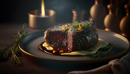 Slow-cooked tender sorlin with roasted garlic and a red wine reduction, AI Generated