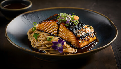 Teriyaki Salmon with Soba Noodles and Miso-Glaze topped with green onion, AI Generated