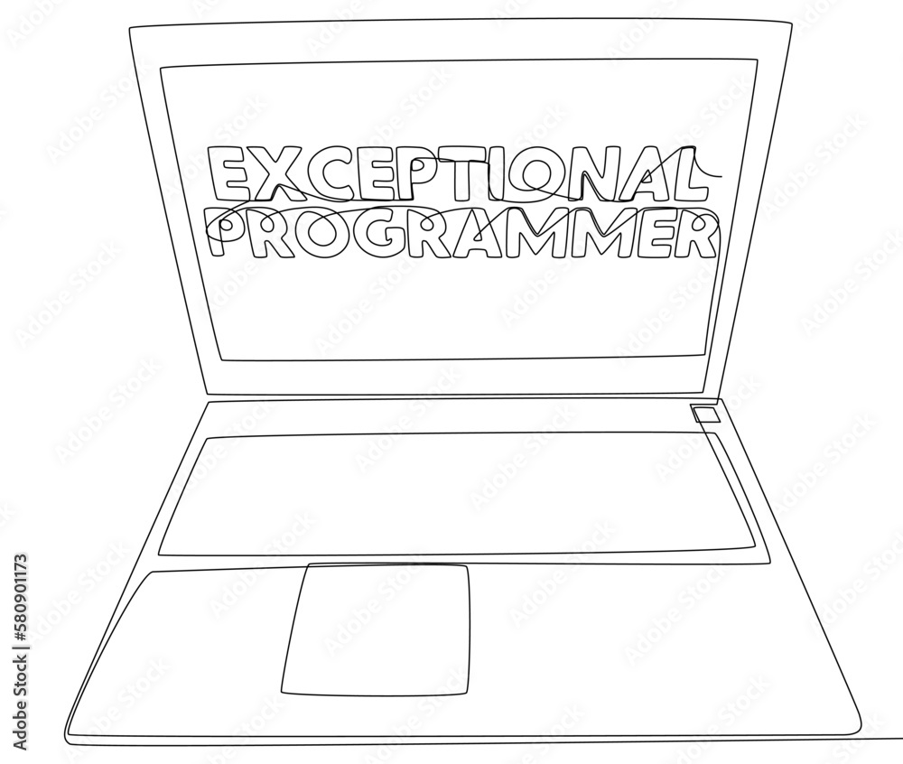 Poster one continuous line of laptop with exceptional programmer word. thin line illustration vector concep