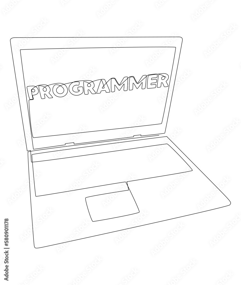 Poster one continuous line of laptop with programmer word. thin line illustration vector concept. contour d
