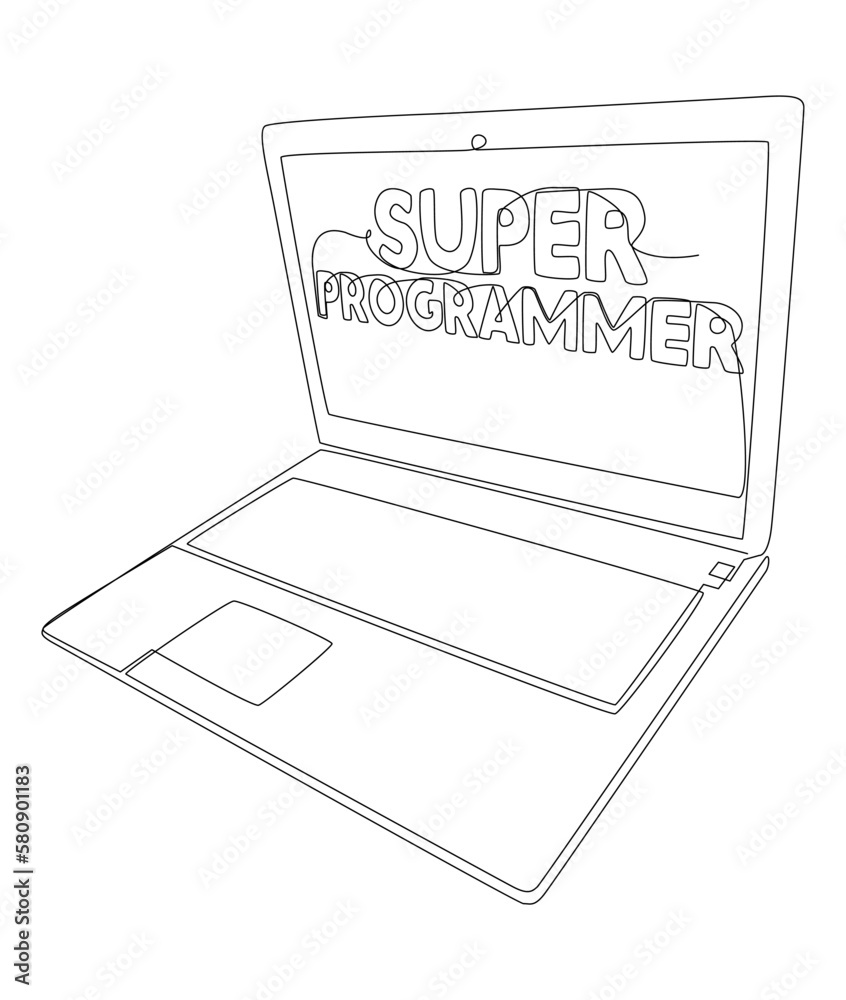Poster one continuous line of laptop with super programmer word. thin line illustration vector concept. con