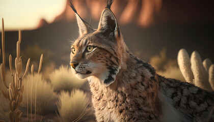 portrait of a lynx side view, golden hour, animal wild, Ai Generate  - obrazy, fototapety, plakaty