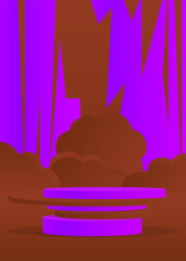 Purple and brown realistic cylinder pedestal podium. Abstract stage showcase for presentation. Vector 3D mockup product display room with minimal geometric forms, empty scene.