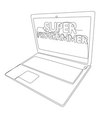 One continuous line of Laptop with Super Programmer word. Thin Line Illustration vector concept. Contour Drawing Creative ideas.