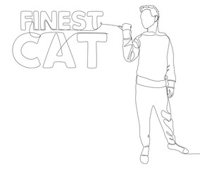 One continuous line of Man pointing with finger at Finest Cat word. Thin Line Illustration vector concept. Contour Drawing Creative ideas.