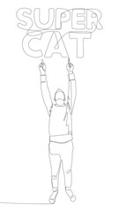 Fototapeta na wymiar One continuous line of Man pointing with finger at Super Cat word. Thin Line Illustration vector concept. Contour Drawing Creative ideas.