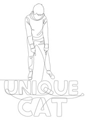 One continuous line of Man pointing with finger at Unique Cat word. Thin Line Illustration vector concept. Contour Drawing Creative ideas.