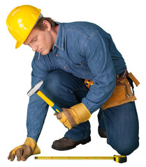 Male worker with tool belt isolated on white  background