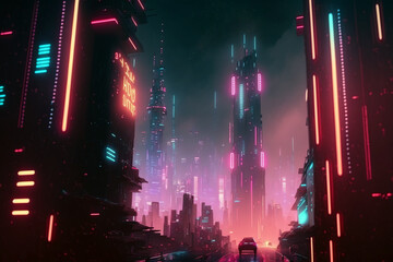 Modern and futuristic cyber city with skyline, towers, holograph hologram commercials neon signs. Generative ai illustration