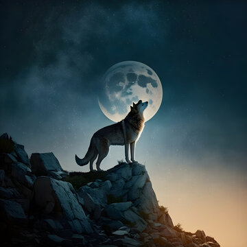 A lone Wolf standing on rocky outcropping, howling at the moon above a dense forest