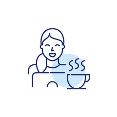 Smiling girl having coffee at her laptop. Pixel perfect, editable stroke line icon