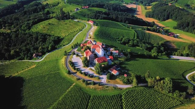 Aerial drone footage of Svetinje which is a small village in the Municipality of Ormož in northeastern Slovenia.