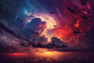Fototapeta premium Beautiful stormy sunset sky. Cloudy abstract background. Sunset colors. Generative AI