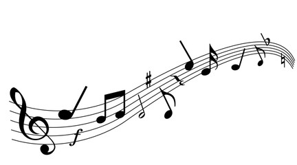 Obraz na płótnie Canvas 音楽が流れる、譜面のウェーブ。踊る音符のイラスト。