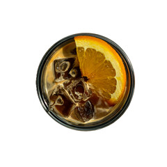 A plastic cup of orange coffee with an orange slice on the side