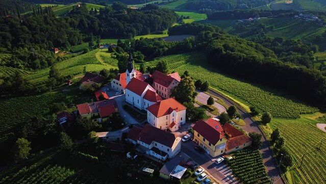 Aerial drone footage of Svetinje which is a small village in the Municipality of Ormož in northeastern Slovenia.