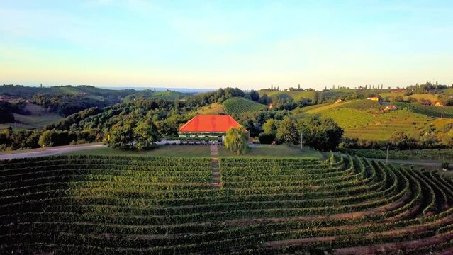 Aerial drone footage of wine cottage Malek which lies in the in the hills northeast of Ormož in northeastern Slovenia.