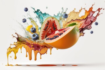 mixed fruit splashing on a white background as it falls into fluids. Generative AI