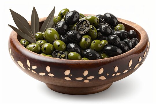 Hojiblanca pitted green and black olives in a wooden bowl. Olives from Europe, namely Olea europaea, a cultivar from Andalucia, Spain. commonly found table olives with less oil. Generative AI