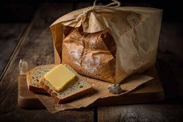 Butter is applied with the on whole grain bread. Close up of fresh bread. Slices of made bread on a background made of industrial wood and a juta bag. the idea of a traditional bakery and healthy eat