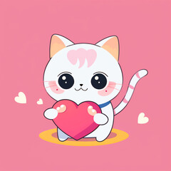 A cartoon cat holding a heart on a pink background Vector style illustration, cartoon illustration