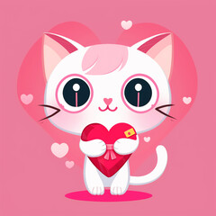 A cartoon cat holding a heart on a pink background Vector style illustration, cartoon illustration
