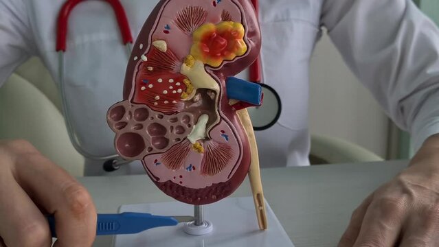 Surgery of kidneys and adrenal glands is medical surgical intervention. Doctor holds in one hand model of kidney with ureter and scalpel surgical operation to treat or remove