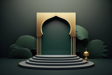 Luxury islamic ramadan podium stage product display green and gold frame AI Generated