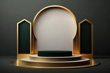 Fototapeta premium Luxury islamic ramadan podium stage product display green and gold frame AI Generated