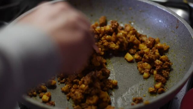 close up hand cooking mexican meat with potatoes in house