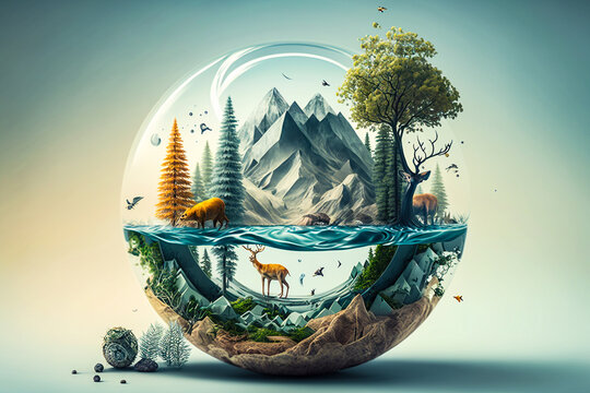 Nature dans une bulle en verre, concept de la nature  et de son écosystème - Générative IA