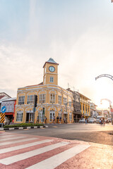 Phuket, Thailand - March 13, 2023 : Old building Chino Portuguese style in Phuket on March 13, 2023 in Phuket, Thailand. Old buildings area is a very famous tourist destination of Phuket town.