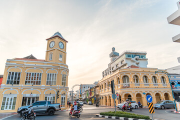 Phuket, Thailand - March 13, 2023 : Old building Chino Portuguese style in Phuket on March 13, 2023 in Phuket, Thailand. Old buildings area is a very famous tourist destination of Phuket town.