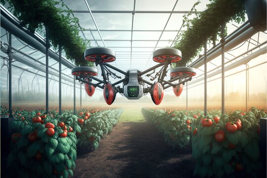 AI Robot smart modern industrial farming in the greenhouse in 8K created with generative ai technology