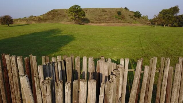 Afternoon aerial view of the central plaza mound group in the ancient native city of Cahokia, in Collinsville, Illinois, USA.