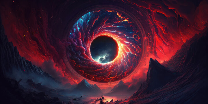 Interdimensional portal rift aurora opening in space over rugged winter landscape, bright red cloudy fire vortex swirl, anti-matter implosion, 4th dimension travel, universe gateway - generative AI.